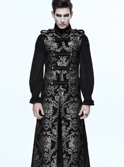 Gothic Style Elegant Palace Jacquard Fabric Chest Spiral Buckle Black And Silver Long Men's Vest
