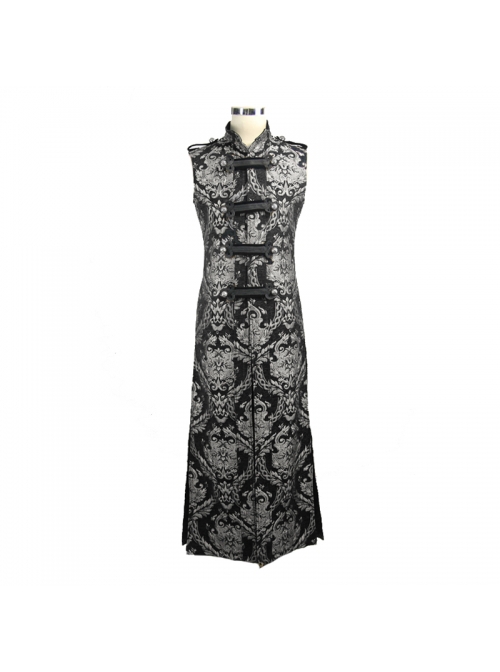 Gothic Style Elegant Palace Jacquard Fabric Chest Spiral Buckle Black And Silver Long Men's Vest
