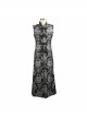 Gothic Style Elegant Palace Jacquard Fabric Chest Spiral Buckle Black And Silver Long Men's Vest