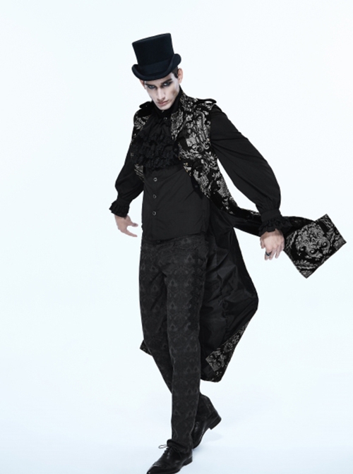 Gothic Style Elegant Palace Jacquard Fabric Chest Spiral Buckle Black And Silver Long Men's Vest