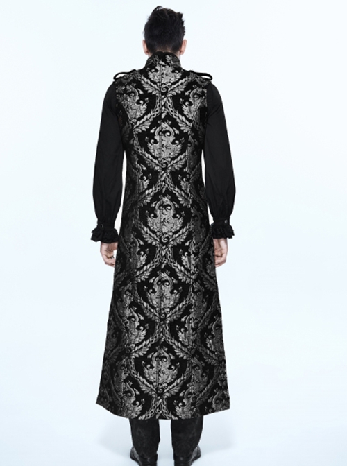 Gothic Style Elegant Palace Jacquard Fabric Chest Spiral Buckle Black And Silver Long Men's Vest