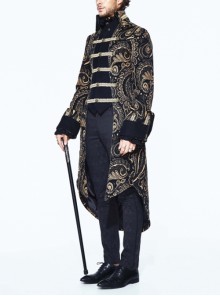Gothic Style Heavy Jacquard Splicing Short Fleece Exaggerated Hem Black And Gold Fake Two Piece Men's Stand Up Collar Coat