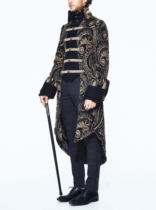 Gothic Style Heavy Jacquard Splicing Short Fleece Exaggerated Hem Black And Gold Fake Two Piece Men's Stand Up Collar Coat