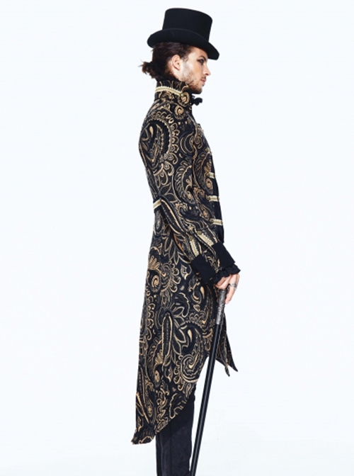 Gothic Style Heavy Jacquard Splicing Short Fleece Exaggerated Hem Black And Gold Fake Two Piece Men's Stand Up Collar Coat