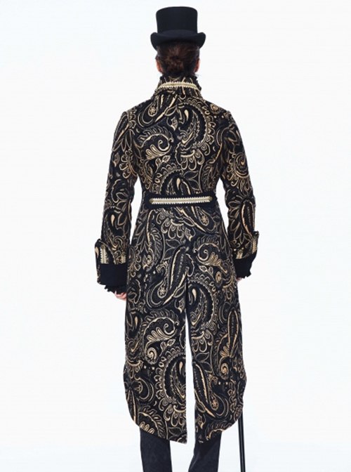 Gothic Style Heavy Jacquard Splicing Short Fleece Exaggerated Hem Black And Gold Fake Two Piece Men's Stand Up Collar Coat