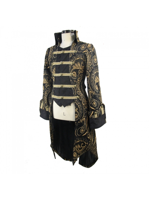 Gothic Style Heavy Jacquard Splicing Short Fleece Exaggerated Hem Black And Gold Fake Two Piece Men's Stand Up Collar Coat