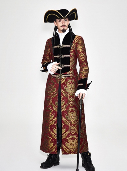 Gothic Style Gorgeous Jacquard With Velvet Fabric Front Center Ribbon Metal Button Link Gold Red Folding Coat