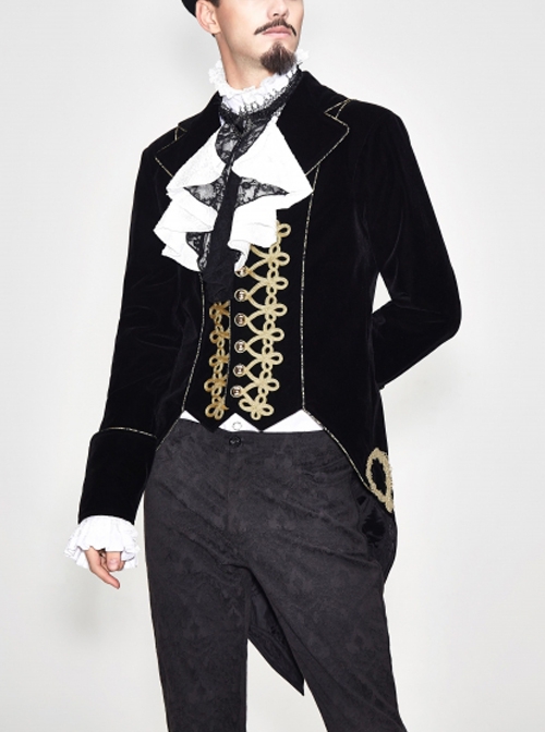 Gothic Style Simple Hand Embroidered Front Disc Flower Decoration Black And Gold Long-Sleeved Lapel Coat