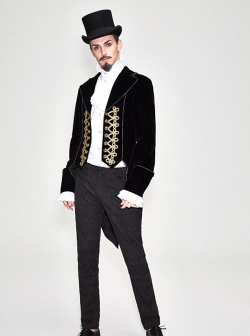 Gothic Style Simple Hand Embroidered Front Disc Flower Decoration Black And Gold Long-Sleeved Lapel Coat