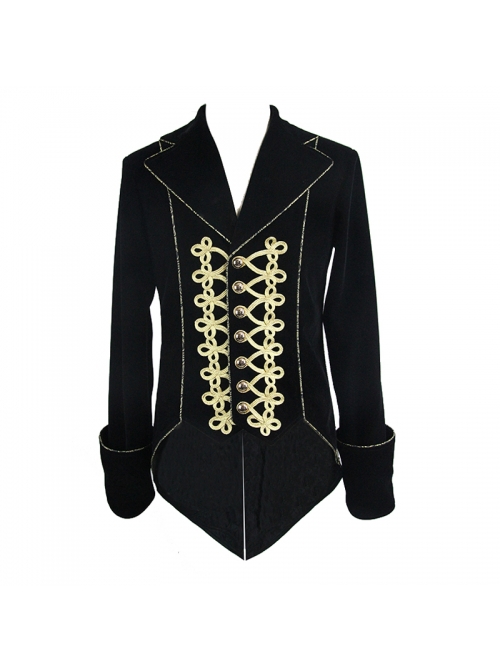 Gothic Style Simple Hand Embroidered Front Disc Flower Decoration Black And Gold Long-Sleeved Lapel Coat
