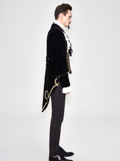 Gothic Style Simple Hand Embroidered Front Disc Flower Decoration Black And Gold Long-Sleeved Lapel Coat