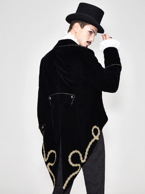 Gothic Style Simple Hand Embroidered Front Disc Flower Decoration Black And Gold Long-Sleeved Lapel Coat