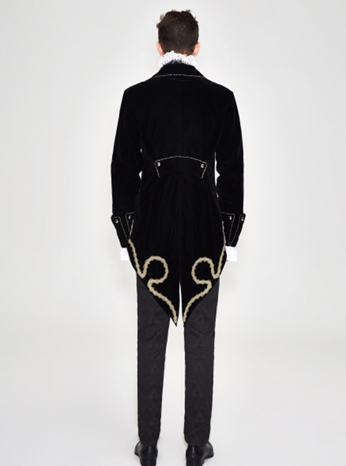 Gothic Style Simple Hand Embroidered Front Disc Flower Decoration Black And Gold Long-Sleeved Lapel Coat