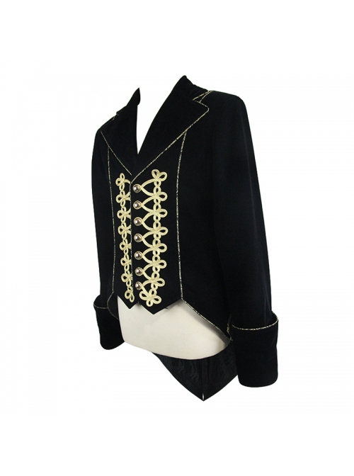 Gothic Style Simple Hand Embroidered Front Disc Flower Decoration Black And Gold Long-Sleeved Lapel Coat