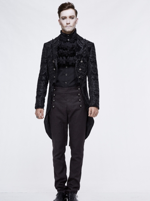 Gothic Style Exquisite Thick Jacquard Fabric Asymmetric Black Slit Long Sleeve Coat