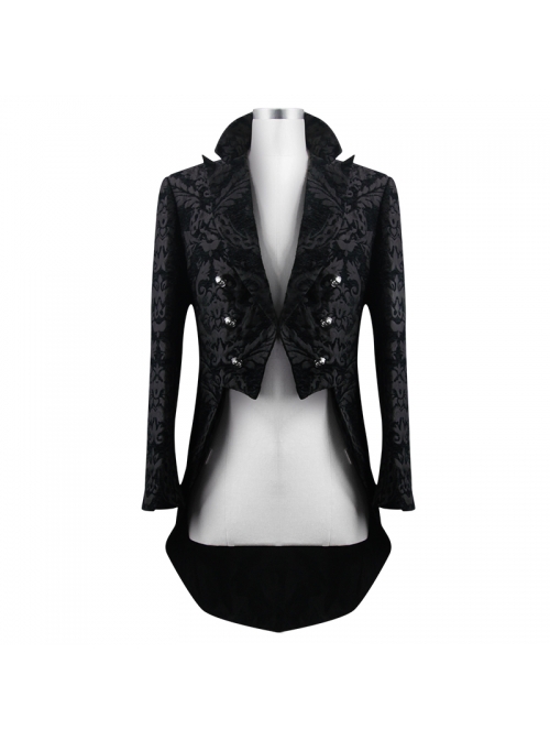 Gothic Style Exquisite Thick Jacquard Fabric Asymmetric Black Slit Long Sleeve Coat