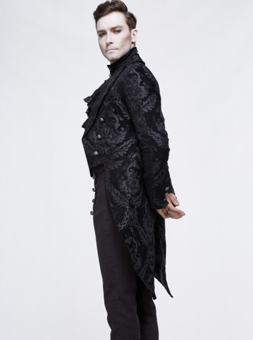 Gothic Style Exquisite Thick Jacquard Fabric Asymmetric Black Slit Long Sleeve Coat