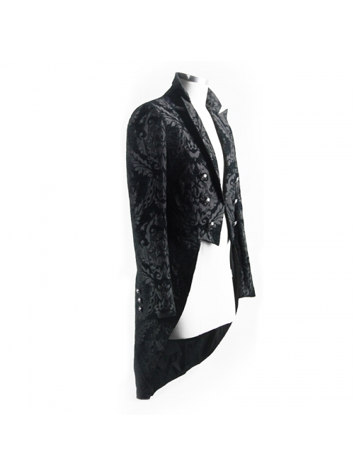 Gothic Style Exquisite Thick Jacquard Fabric Asymmetric Black Slit Long Sleeve Coat