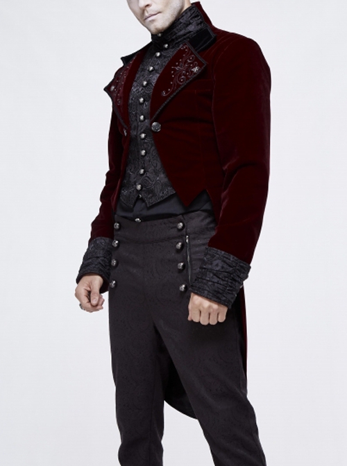 Gothic Style Elegant Lapel Weft Velvet Patchwork Jacquard Fabric Metal Rivet Embroidery Decoration Black And Red Swallowtail Long Sleeve Jacket