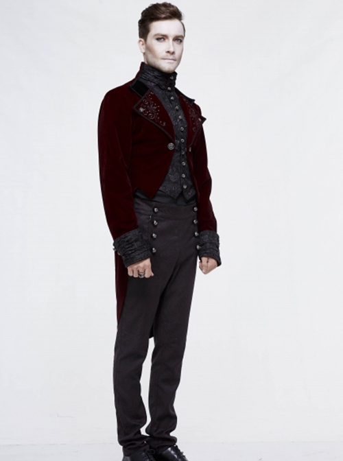 Gothic Style Elegant Lapel Weft Velvet Patchwork Jacquard Fabric Metal Rivet Embroidery Decoration Black And Red Swallowtail Long Sleeve Jacket