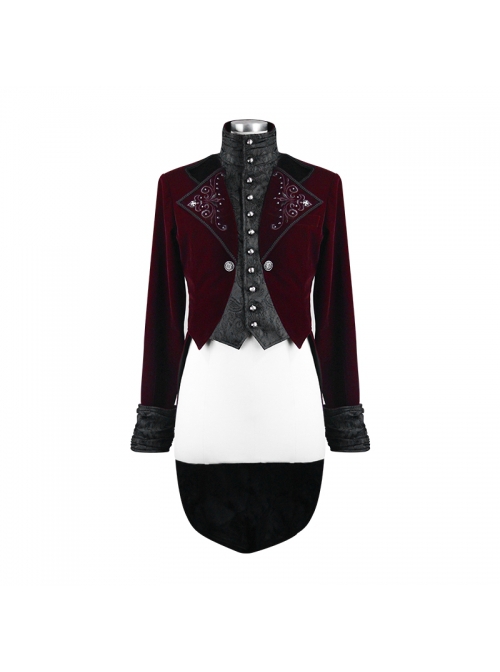 Gothic Style Elegant Lapel Weft Velvet Patchwork Jacquard Fabric Metal Rivet Embroidery Decoration Black And Red Swallowtail Long Sleeve Jacket