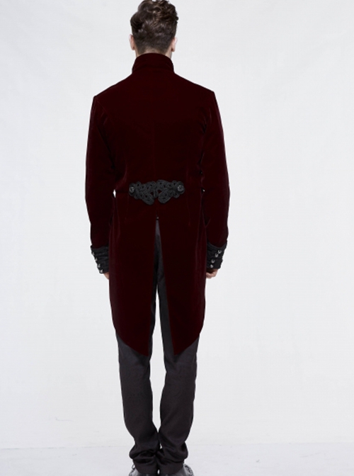 Gothic Style Elegant Lapel Weft Velvet Patchwork Jacquard Fabric Metal Rivet Embroidery Decoration Black And Red Swallowtail Long Sleeve Jacket