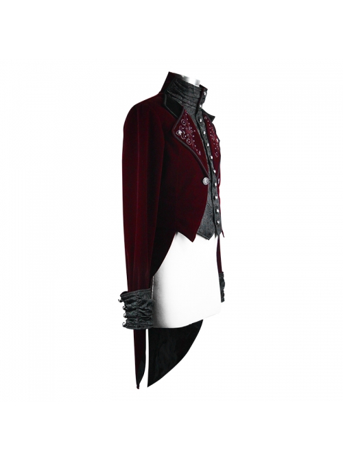 Gothic Style Elegant Lapel Weft Velvet Patchwork Jacquard Fabric Metal Rivet Embroidery Decoration Black And Red Swallowtail Long Sleeve Jacket