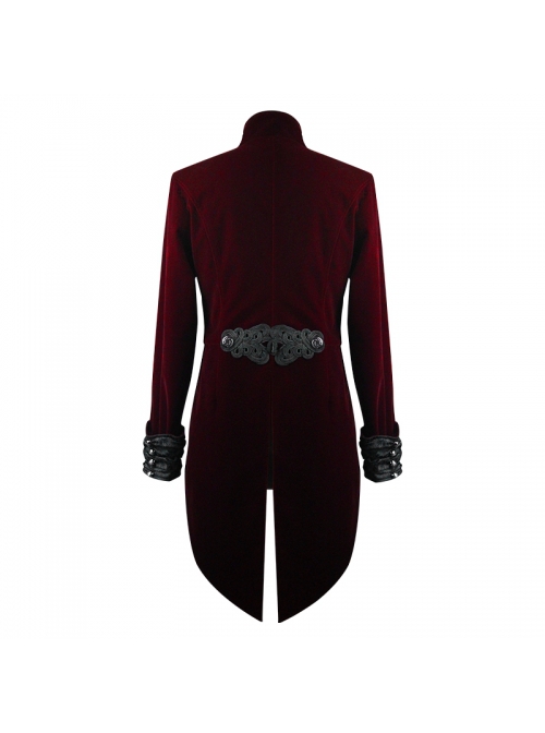 Gothic Style Elegant Lapel Weft Velvet Patchwork Jacquard Fabric Metal Rivet Embroidery Decoration Black And Red Swallowtail Long Sleeve Jacket