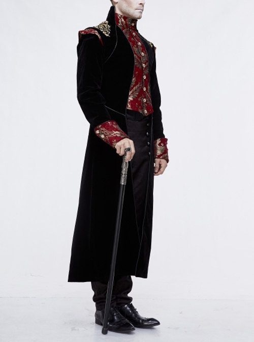 Gothic Style Gentleman Gorgeous Wool Jacquard Faded Button Shoulder Embroidery Decoration Black And Red Long Coat
