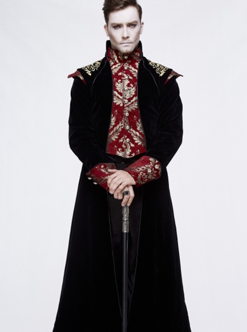 Gothic Style Gentleman Gorgeous Wool Jacquard Faded Button Shoulder Embroidery Decoration Black And Red Long Coat