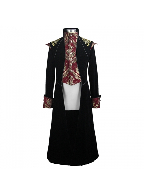 Gothic Style Gentleman Gorgeous Wool Jacquard Faded Button Shoulder Embroidery Decoration Black And Red Long Coat