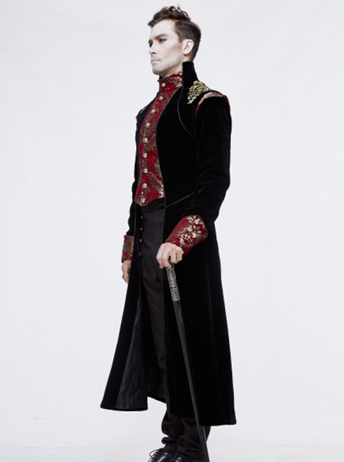 Gothic Style Gentleman Gorgeous Wool Jacquard Faded Button Shoulder Embroidery Decoration Black And Red Long Coat