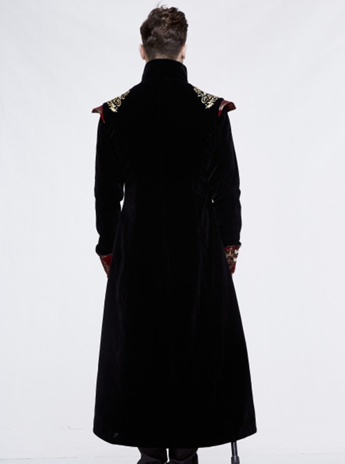 Gothic Style Gentleman Gorgeous Wool Jacquard Faded Button Shoulder Embroidery Decoration Black And Red Long Coat