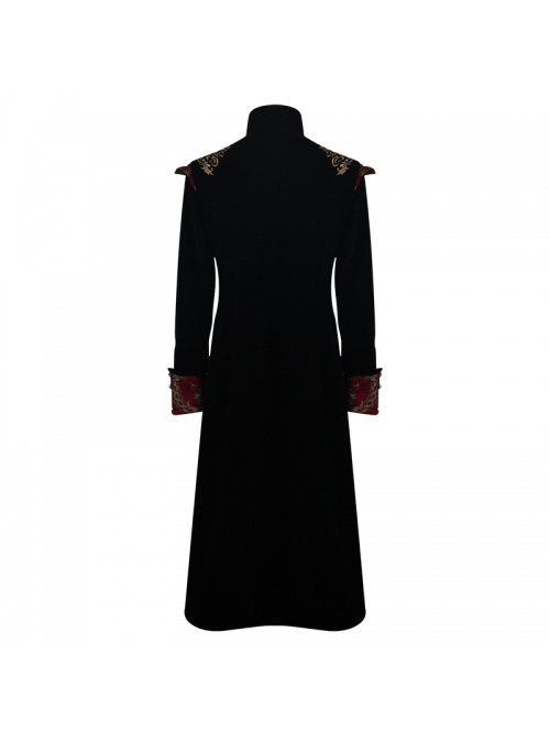 Gothic Style Gentleman Gorgeous Wool Jacquard Faded Button Shoulder Embroidery Decoration Black And Red Long Coat