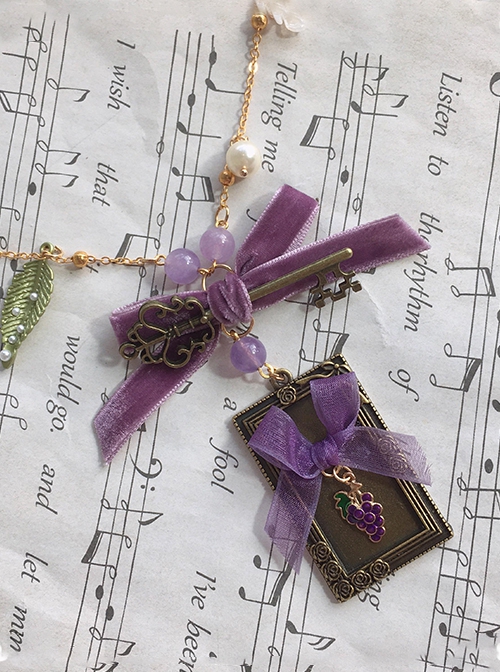 Loire Vineyards Series Retro Elegant Purple Bead Grapes Ribbon Bowknot Classic Lolita Alloy Key Photo Frame Necklace