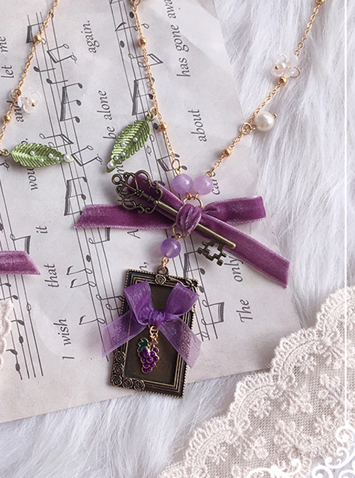 Loire Vineyards Series Retro Elegant Purple Bead Grapes Ribbon Bowknot Classic Lolita Alloy Key Photo Frame Necklace