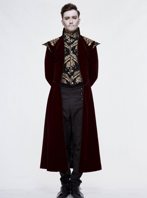 Gothic Style Gentleman Gorgeous Wool Jacquard Faded Button Shoulder Embroidery Decoration Wine Red Long Coat