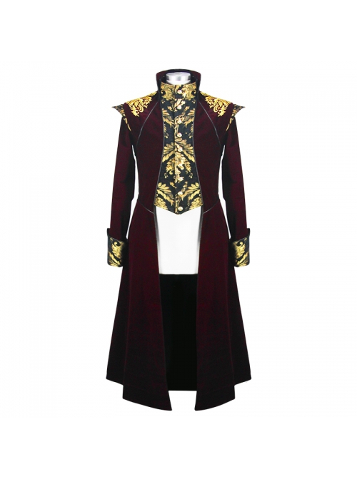 Gothic Style Gentleman Gorgeous Wool Jacquard Faded Button Shoulder Embroidery Decoration Wine Red Long Coat