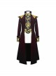 Gothic Style Gentleman Gorgeous Wool Jacquard Faded Button Shoulder Embroidery Decoration Wine Red Long Coat