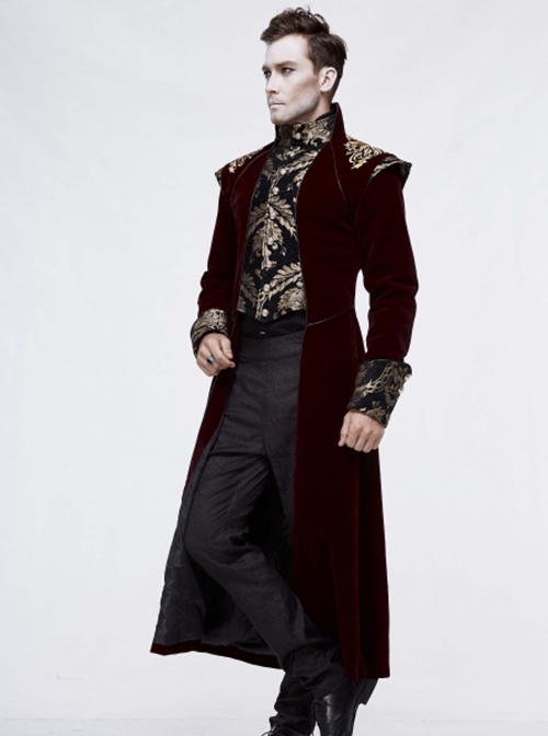 Gothic Style Gentleman Gorgeous Wool Jacquard Faded Button Shoulder Embroidery Decoration Wine Red Long Coat