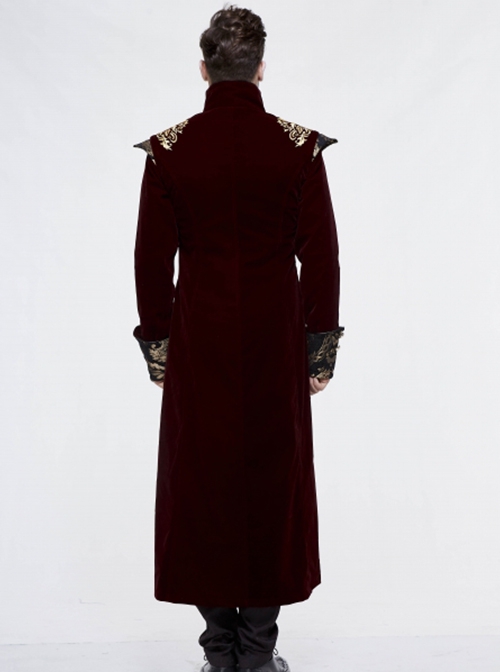 Gothic Style Gentleman Gorgeous Wool Jacquard Faded Button Shoulder Embroidery Decoration Wine Red Long Coat
