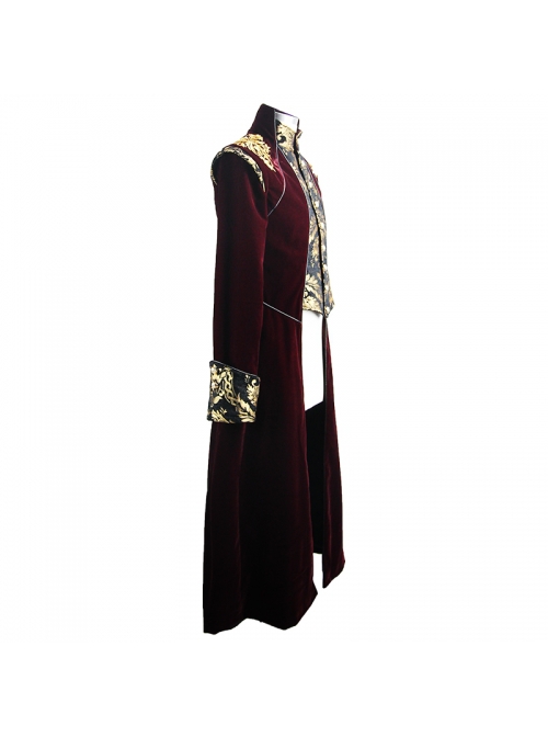 Gothic Style Gentleman Gorgeous Wool Jacquard Faded Button Shoulder Embroidery Decoration Wine Red Long Coat