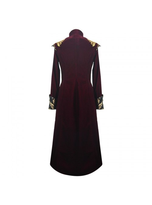 Gothic Style Gentleman Gorgeous Wool Jacquard Faded Button Shoulder Embroidery Decoration Wine Red Long Coat