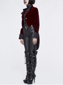 Gothic Style Exquisite Weft Velvet Splicing Jacquard Fabric Front Chest Lapel Embroidery Metal Rivet Decoration Red Pleated Swallowtail Long Sleeve Coat