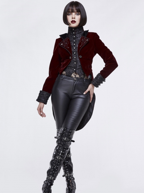 Gothic Style Exquisite Weft Velvet Splicing Jacquard Fabric Front Chest Lapel Embroidery Metal Rivet Decoration Red Pleated Swallowtail Long Sleeve Coat