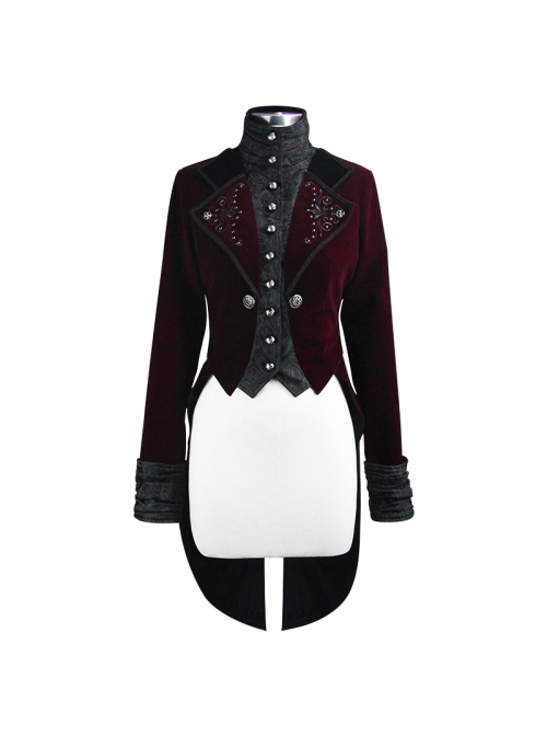 Gothic Style Exquisite Weft Velvet Splicing Jacquard Fabric Front Chest Lapel Embroidery Metal Rivet Decoration Red Pleated Swallowtail Long Sleeve Coat