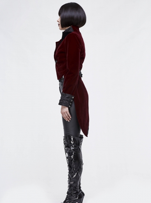 Gothic Style Exquisite Weft Velvet Splicing Jacquard Fabric Front Chest Lapel Embroidery Metal Rivet Decoration Red Pleated Swallowtail Long Sleeve Coat