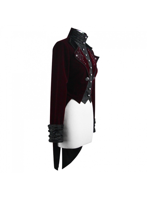 Gothic Style Exquisite Weft Velvet Splicing Jacquard Fabric Front Chest Lapel Embroidery Metal Rivet Decoration Red Pleated Swallowtail Long Sleeve Coat