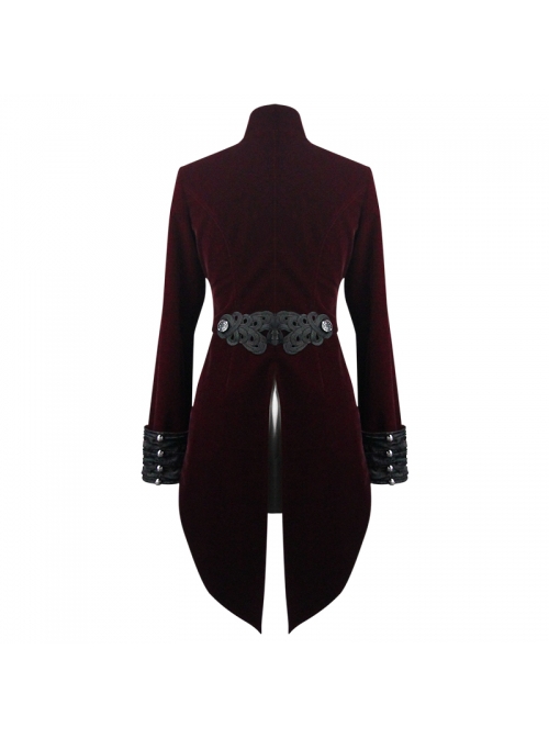 Gothic Style Exquisite Weft Velvet Splicing Jacquard Fabric Front Chest Lapel Embroidery Metal Rivet Decoration Red Pleated Swallowtail Long Sleeve Coat