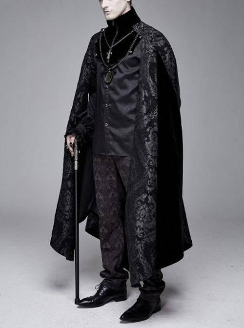 Gothic Style Gorgeous Printed Fabric Detachable Metal Cross Chain Decoration In The Middle Of The Front Black Men's Cloak